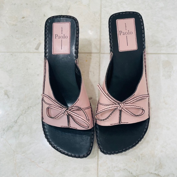 LINEA PAOLO {7} Slide Wedge Leather Pink Brown "Aida" Open Toe - Picture 1 of 11